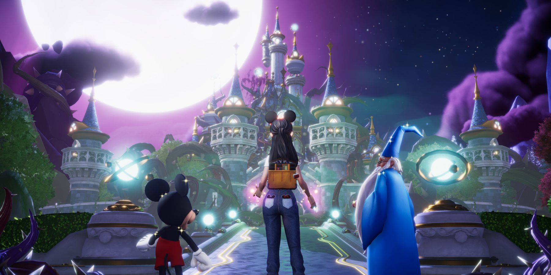 Disney Dreamlight Valley Player, Mickey, and Merlin lookng at the castle