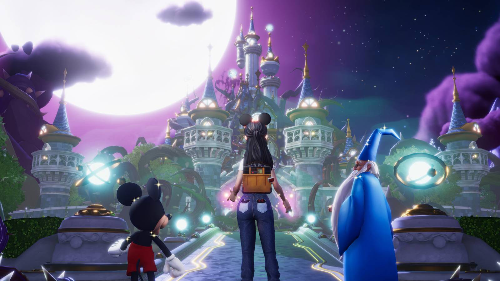 Disney Dreamlight Valley Player, Mickey, and Merlin lookng at the castle