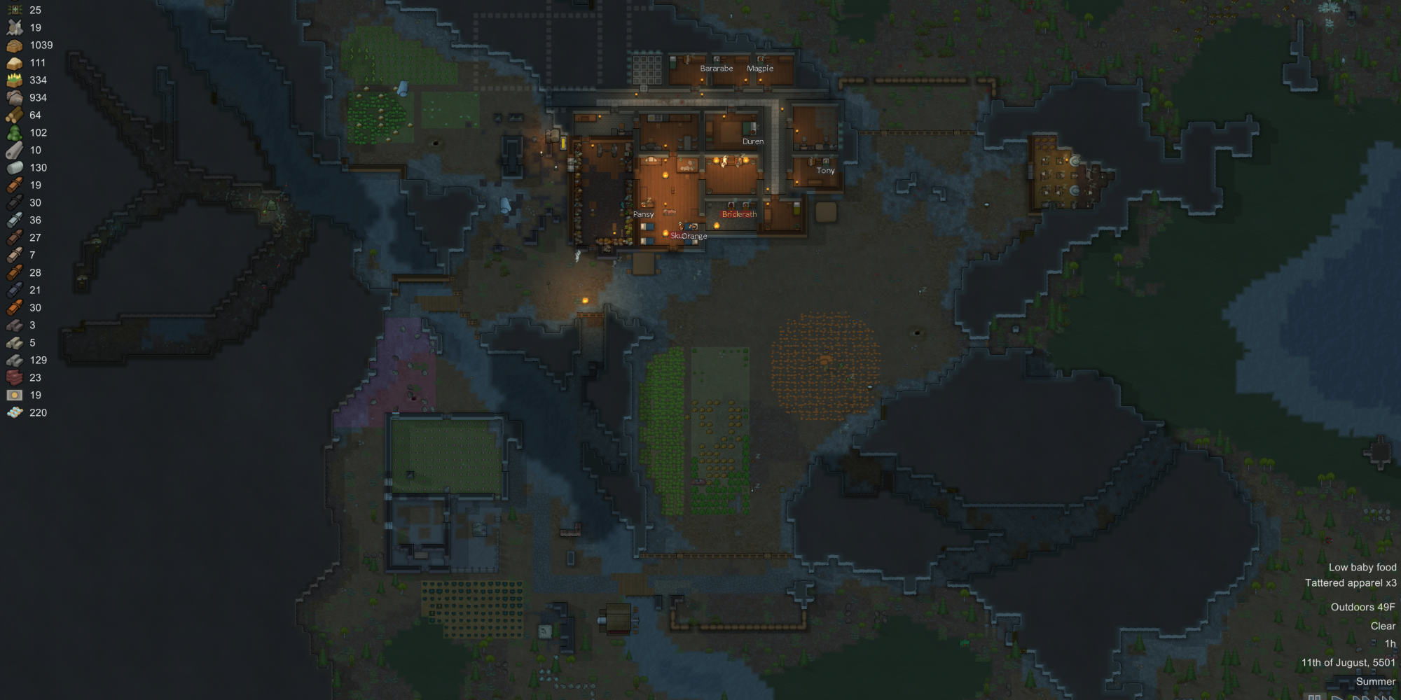 RimWorld map tile from the donatello seed with a colony settled in it