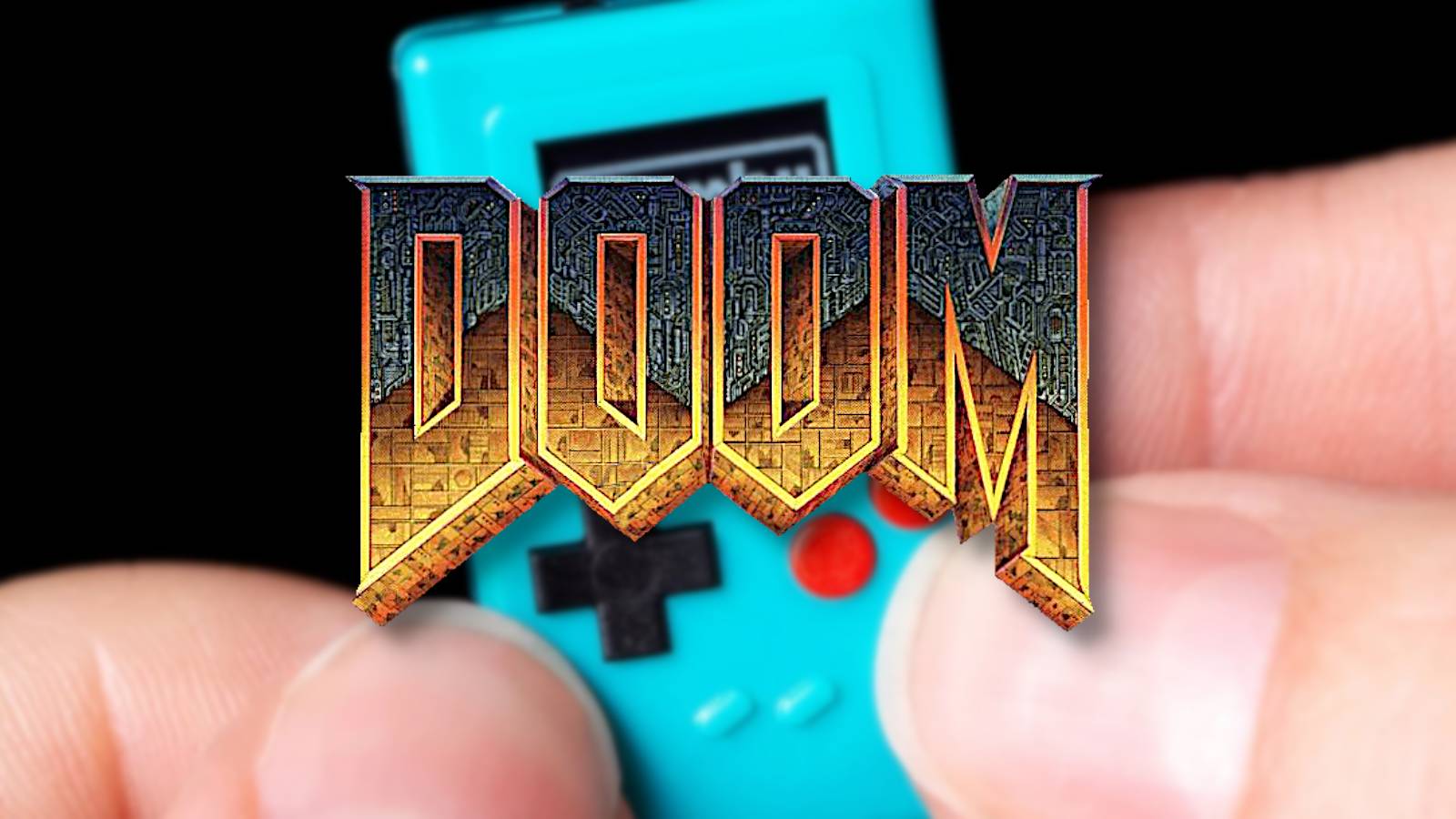 The classic Doom logo with a tiny Game Boy-looking system in the background.