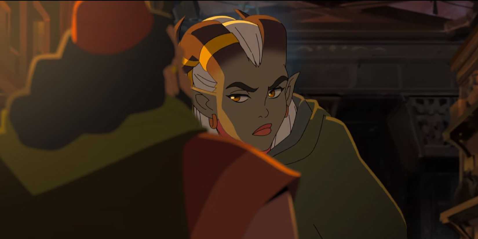 Qwydion from Dragon Age Absolution, a tall, horned qunari woman, leaning into a merchant to whisper conspiratorally 