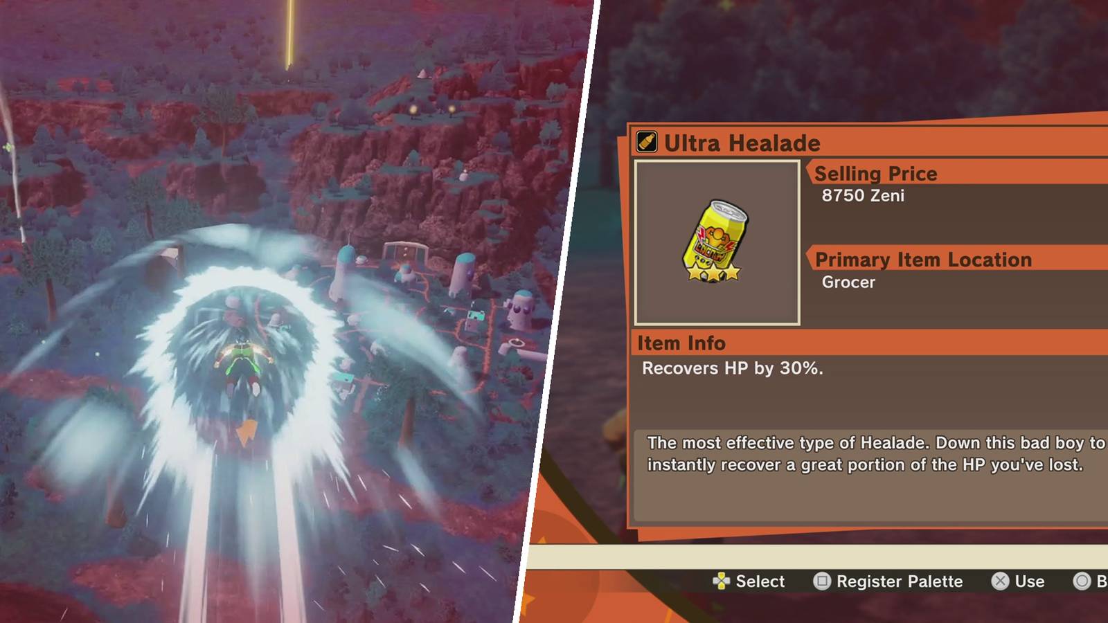 Bardock with low HP and a can of Ultra Healade in Dragon Ball Z: Kakarot