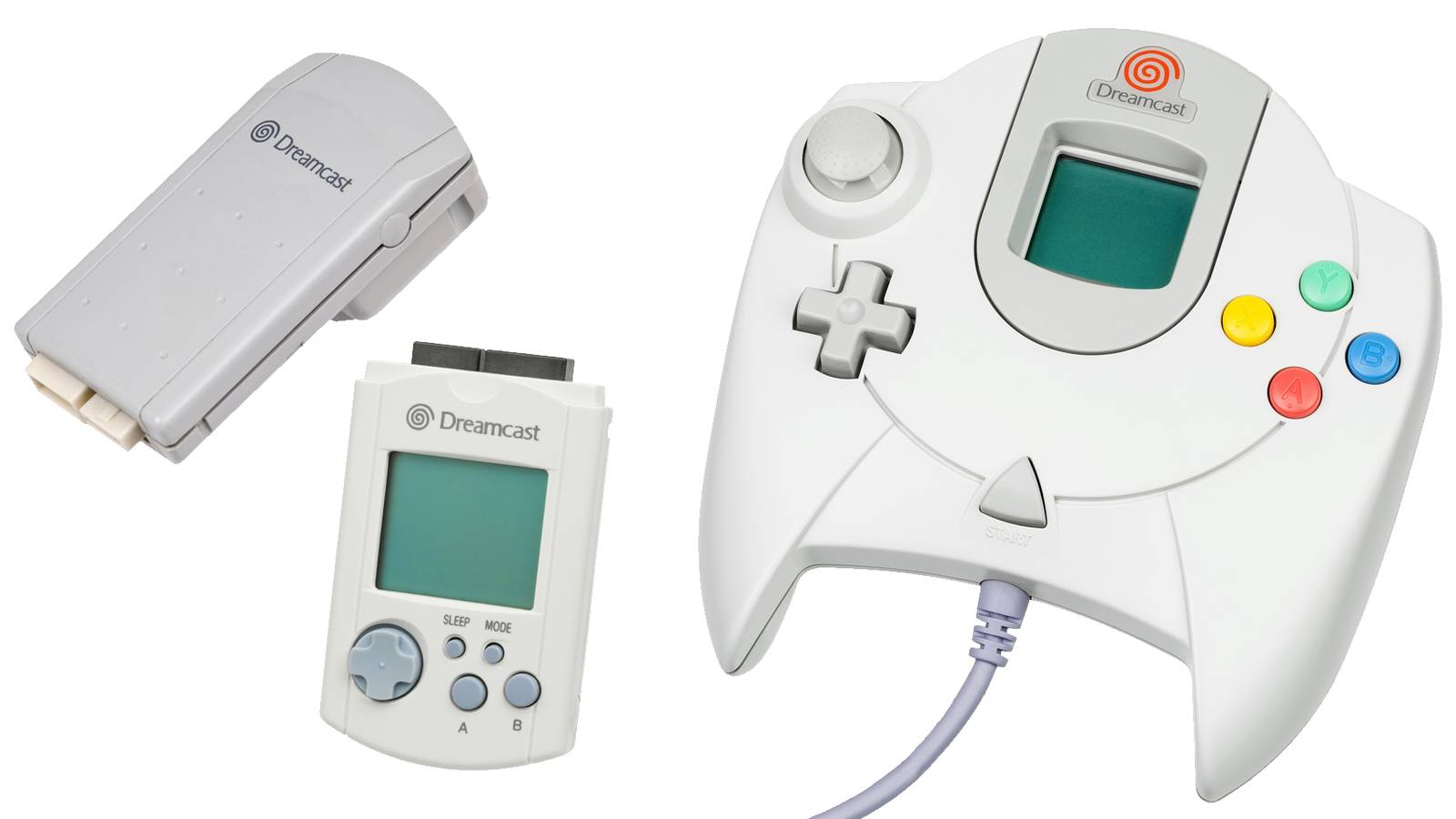 A Sega Dreamcast controller and some of the accessories