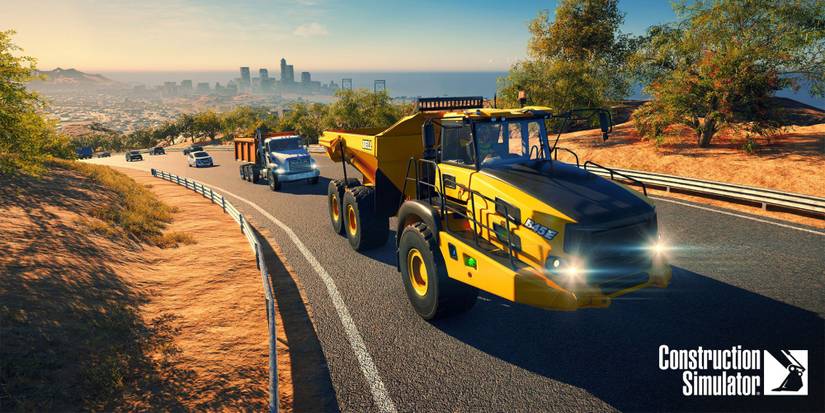 Dump Trucks Driving Towards Viewer At An Angle On A Busy Main Road In Construction Simulator