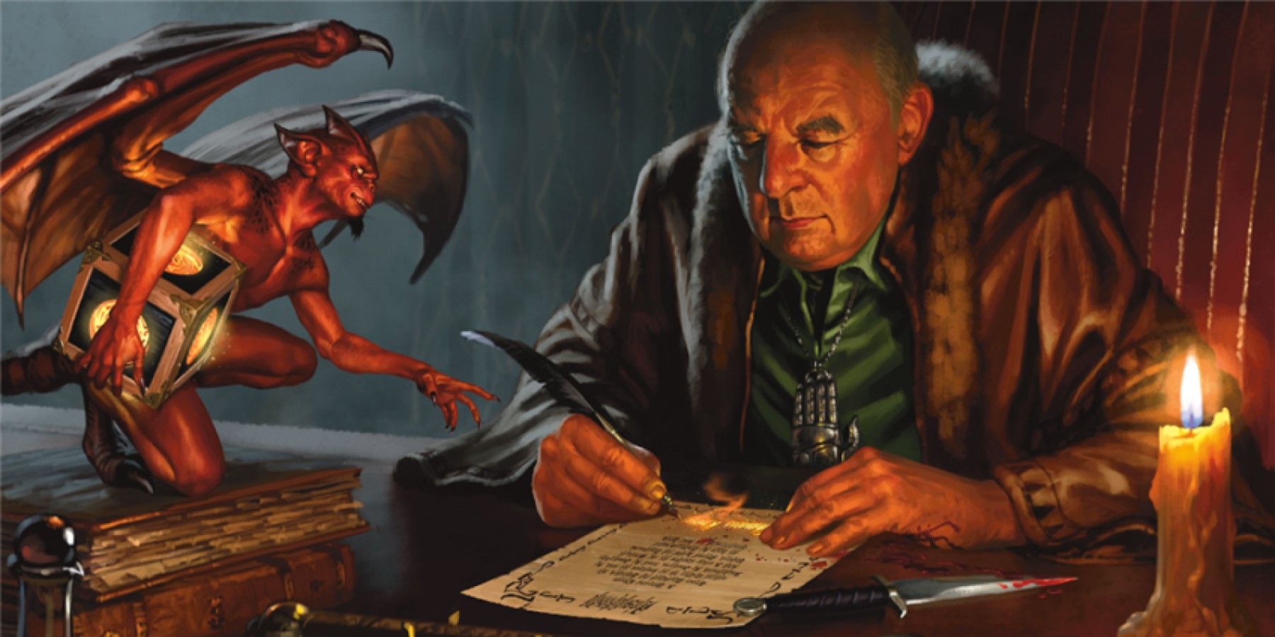 one d&d subscription cost rumor descent into avernus official Wizards of the Coast art imp and old man signing a contract