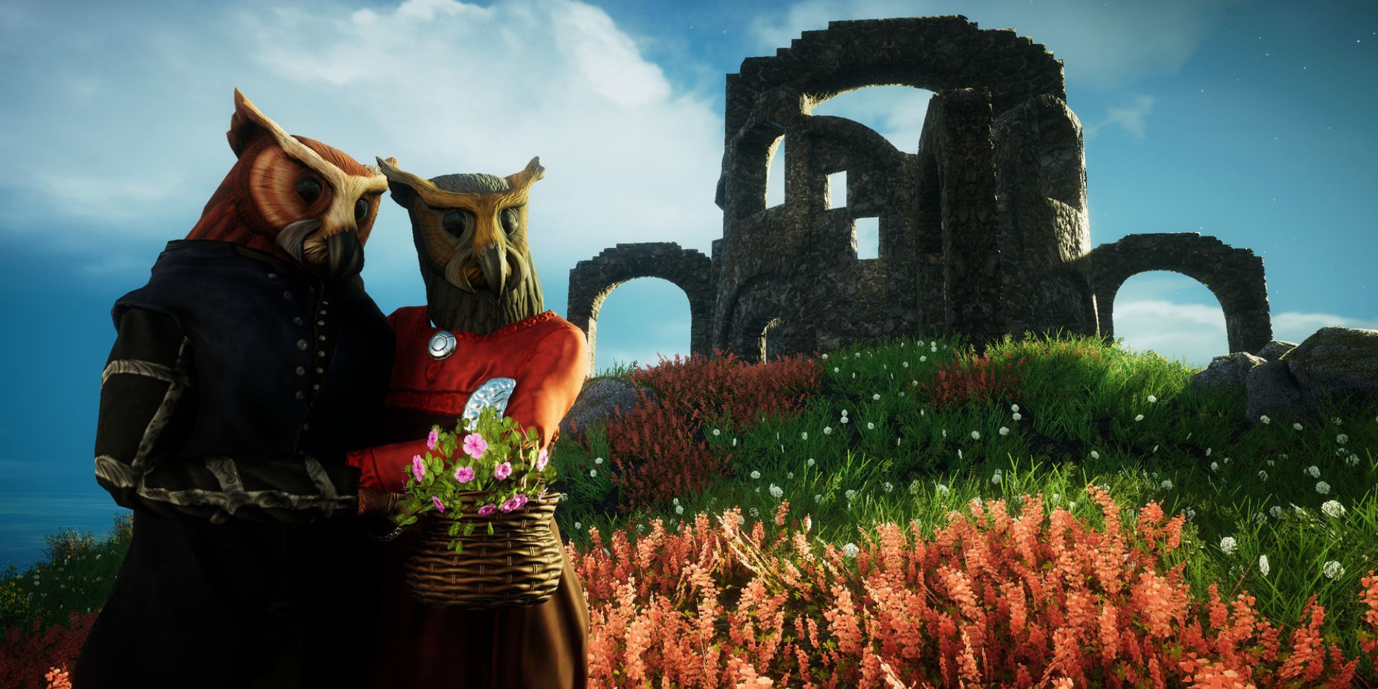 Two owls hugging in front of a ruined fort in Eastshade