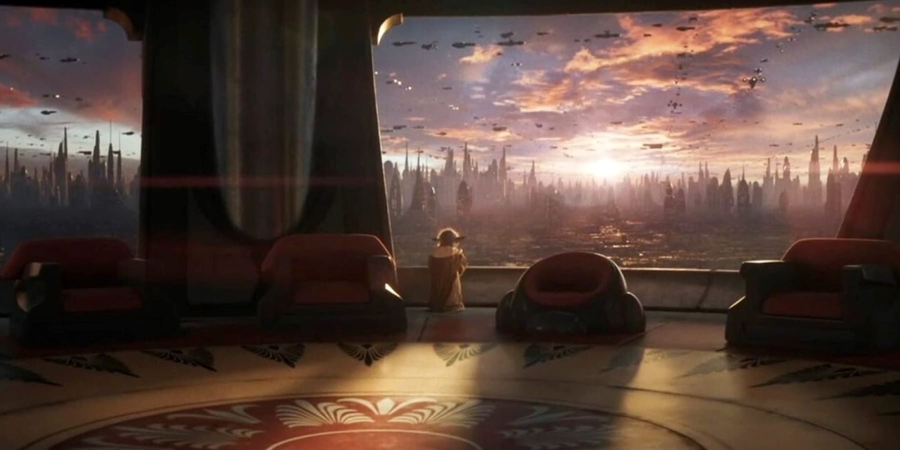 Star Wars Eclipse concept art showing Yoda in the Jedi Council room looking out on Coruscant