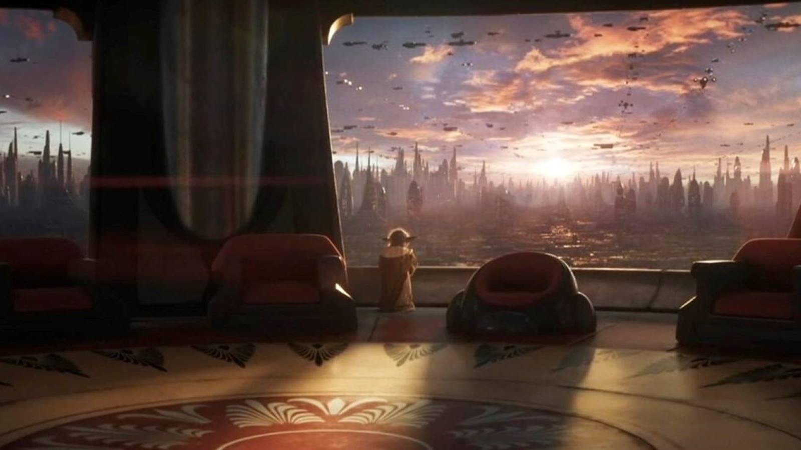 Star Wars Eclipse concept art showing Yoda in the Jedi Council room looking out on Coruscant