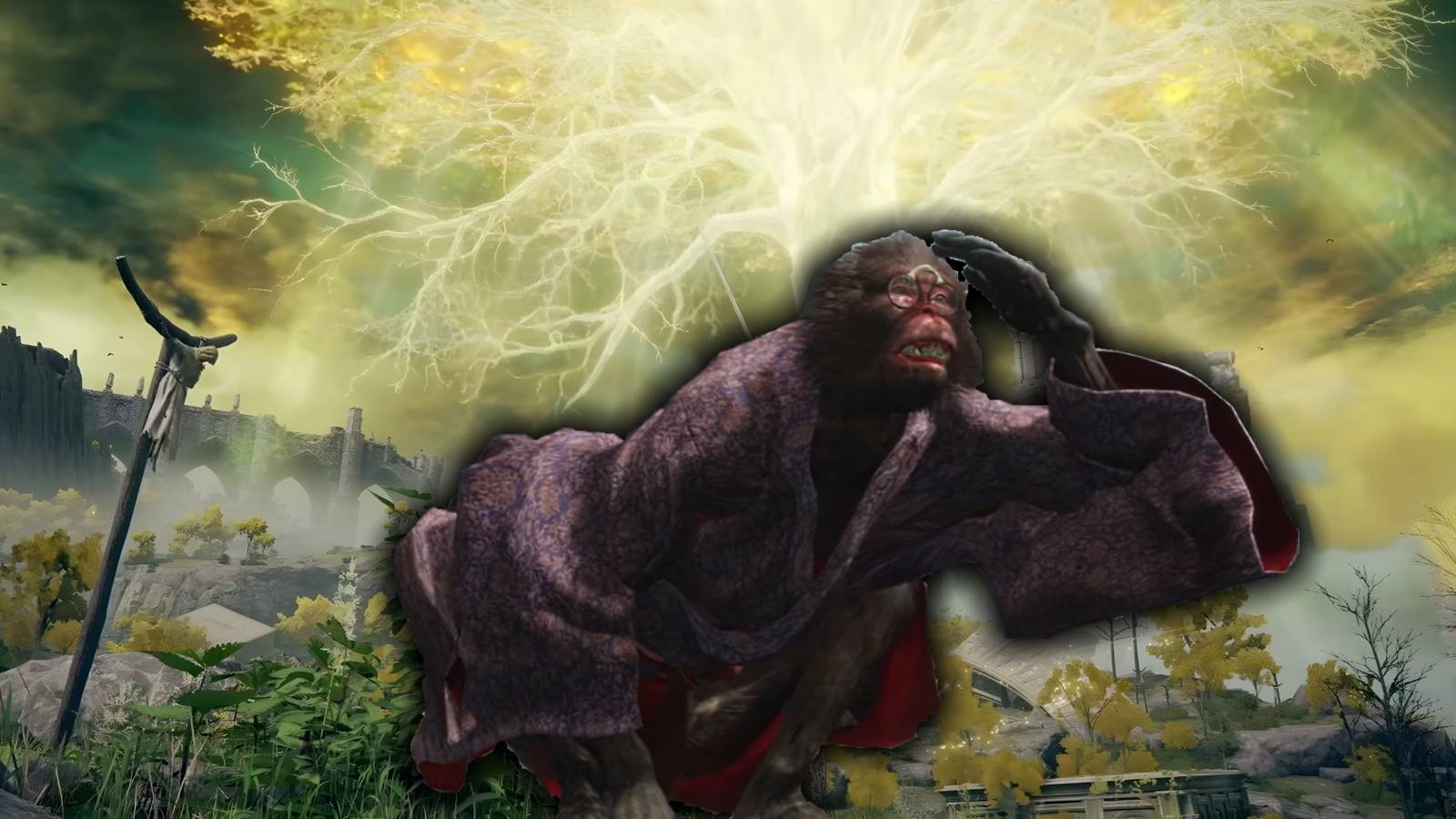 Elden Ring screenshot overlaid with a folding screen monkey from Sekiro