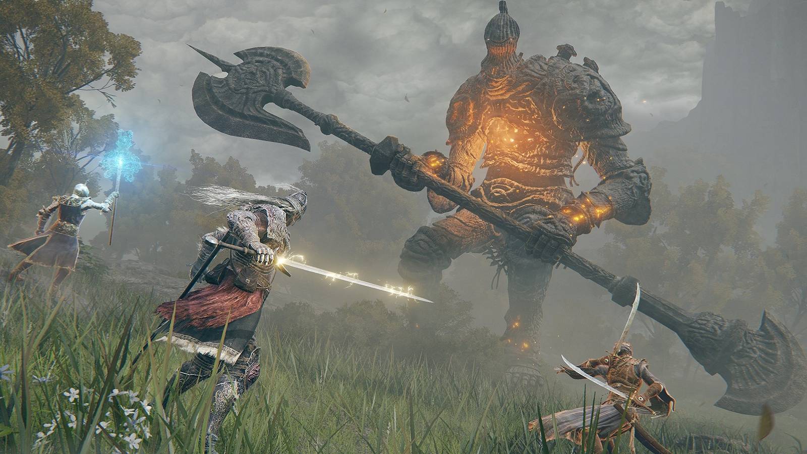 Image from Elden Ring showing a number of players ganging up on a huge boss.