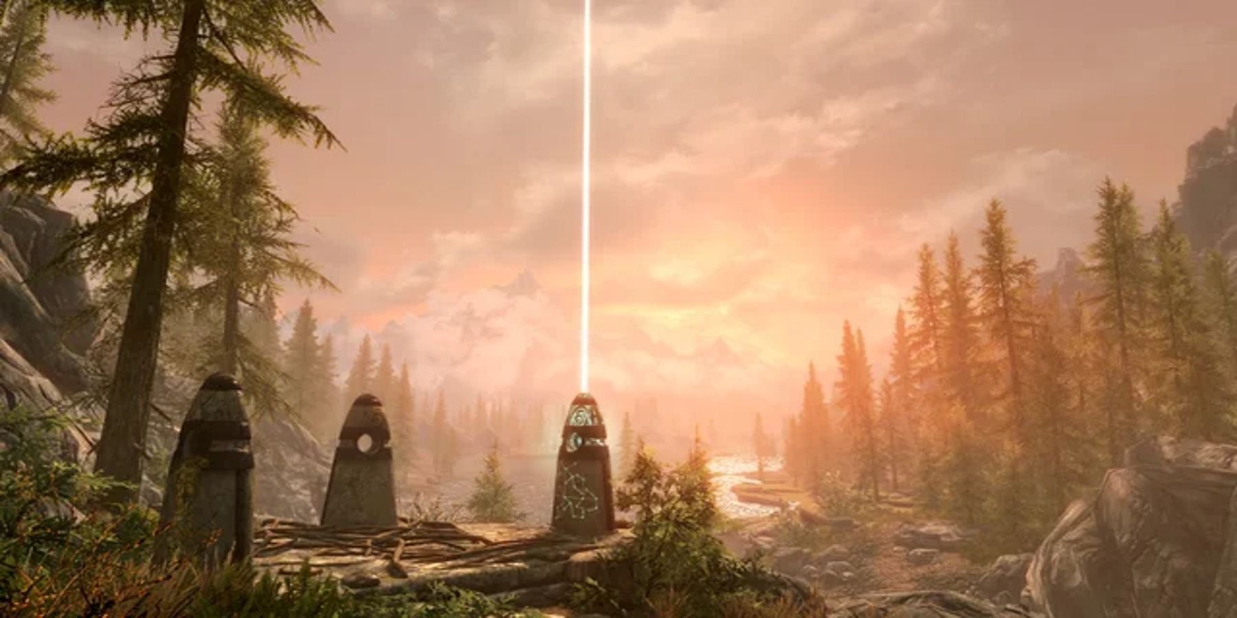 The sun sets over Skyrim as a burst of magic emanates from the top of a pillar.