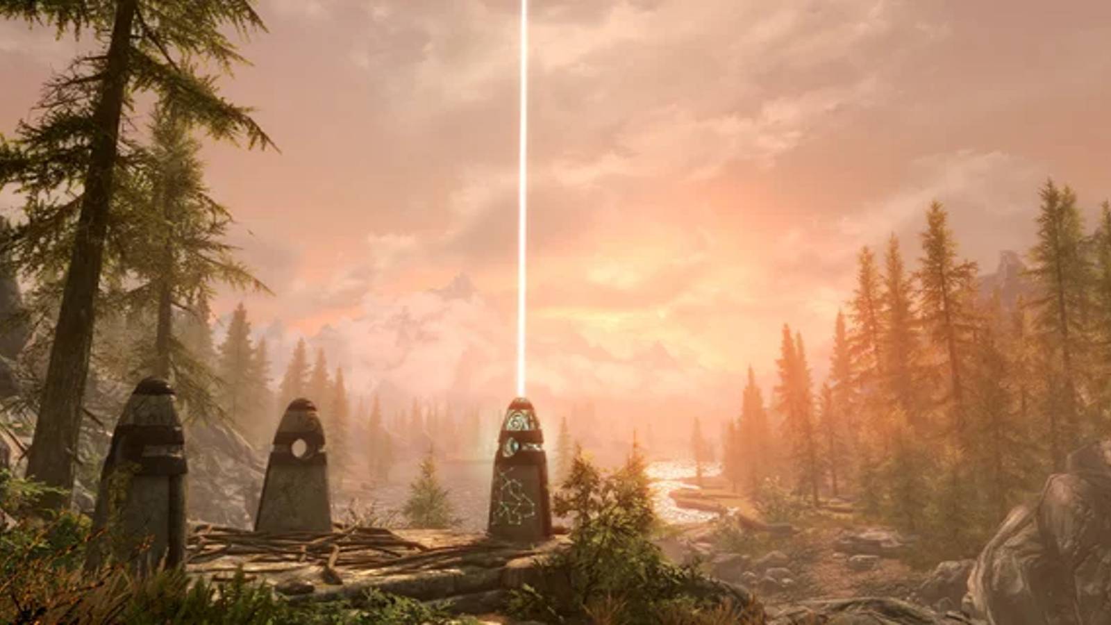 The sun sets over Skyrim as a burst of magic emanates from the top of a pillar.