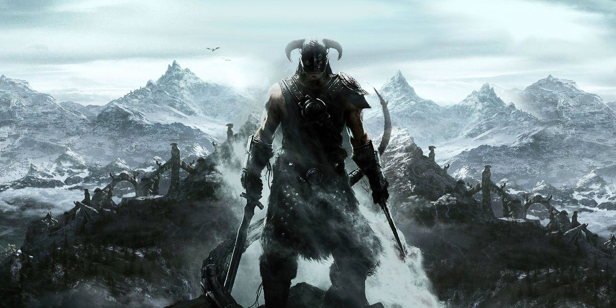 The dragonborn stands on a mountain in Skyrim