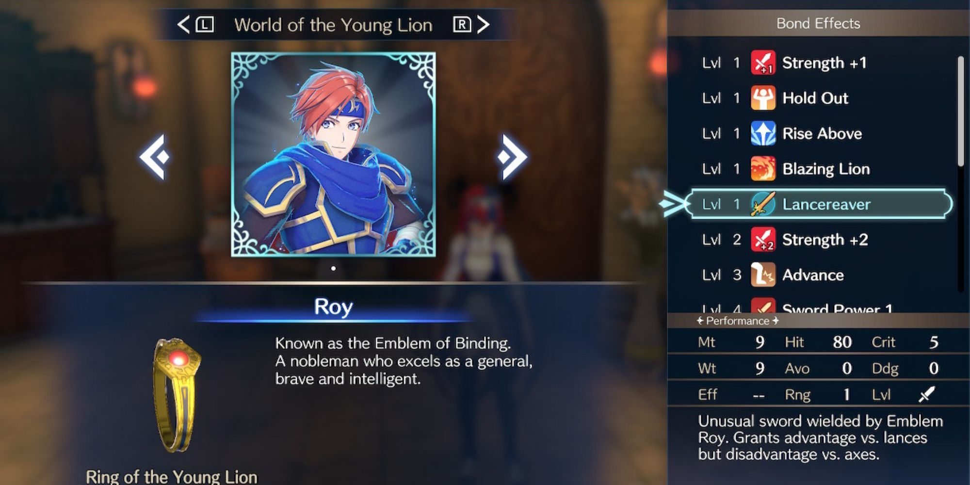 Emblem Roy ring's page showing Lancereaver in Fire Emblem Engage 