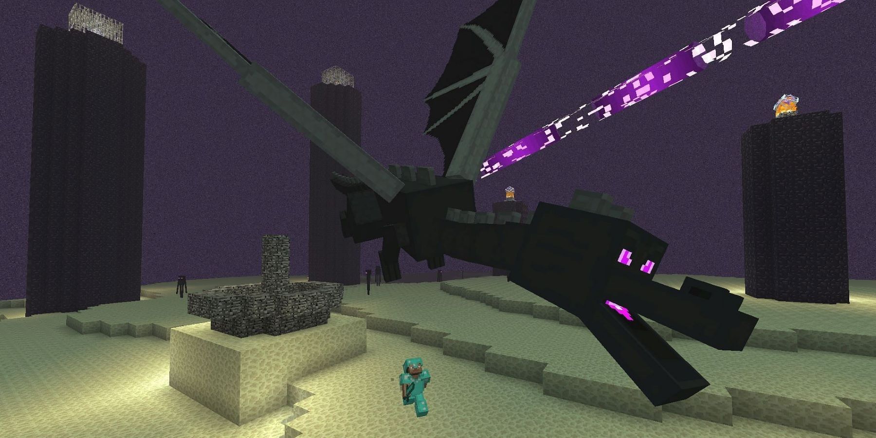 Minecraft player battling the Ender Dragon in the End