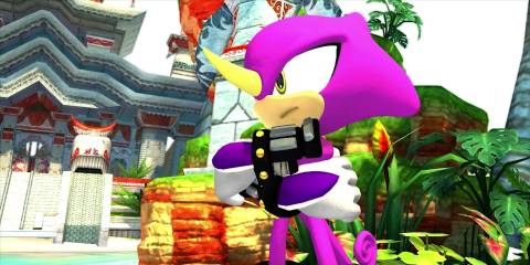 Espio the Chameleon stands in front of Ocean Palace in Sonic Generations