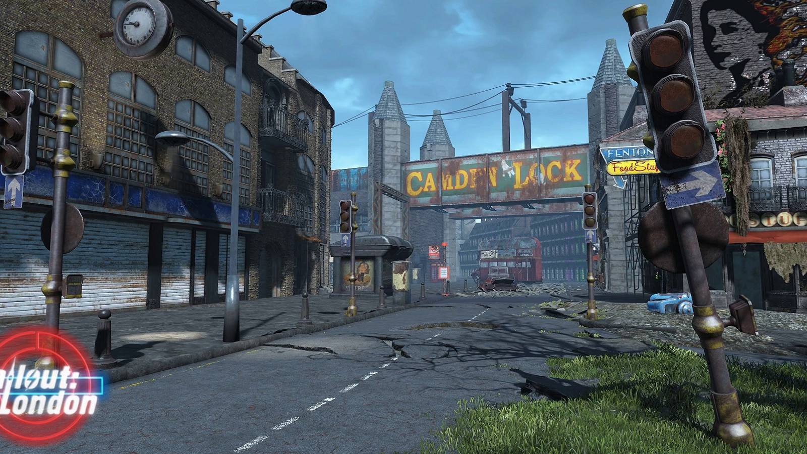 Image from the Fallout 4 mod Fallout: London, showing a broken down street from the UK capital city.
