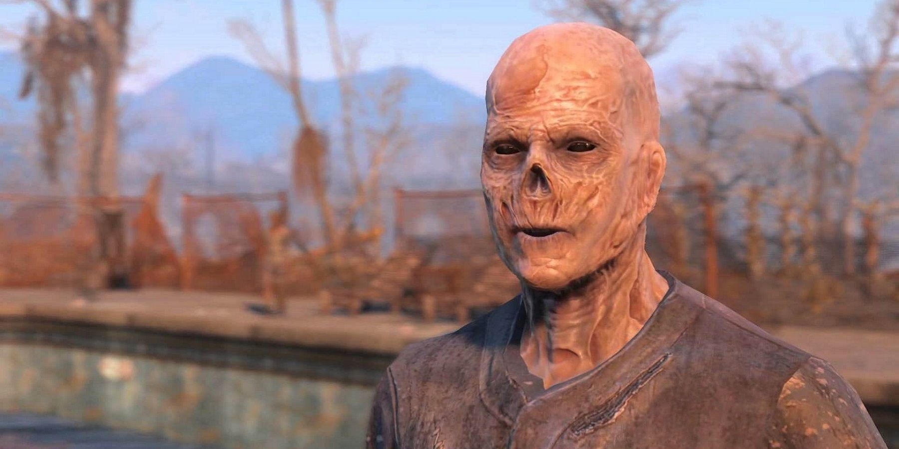 Image from Falllout 4 showing a close-up of a ghoul at The Slog settlement.