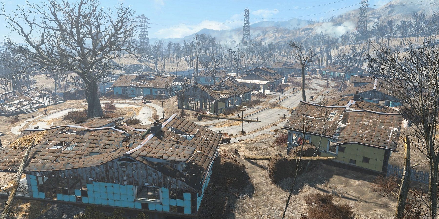 Screenshot from Fallout 4 showing an above view of Sanctuary Hills.