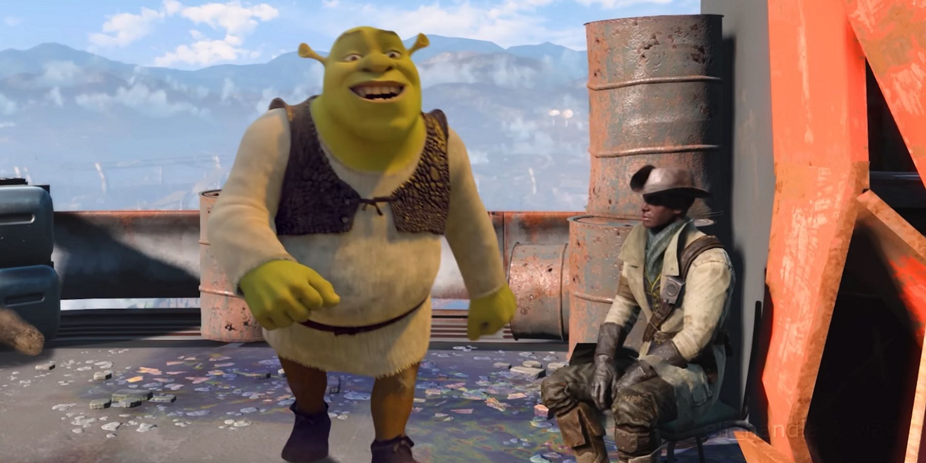 Screenshot from Fallout 4 showing Shrek next to Preston Garvey.