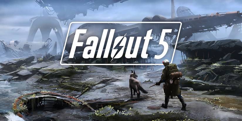 Fallout 5 logo with coastal airport concept art.