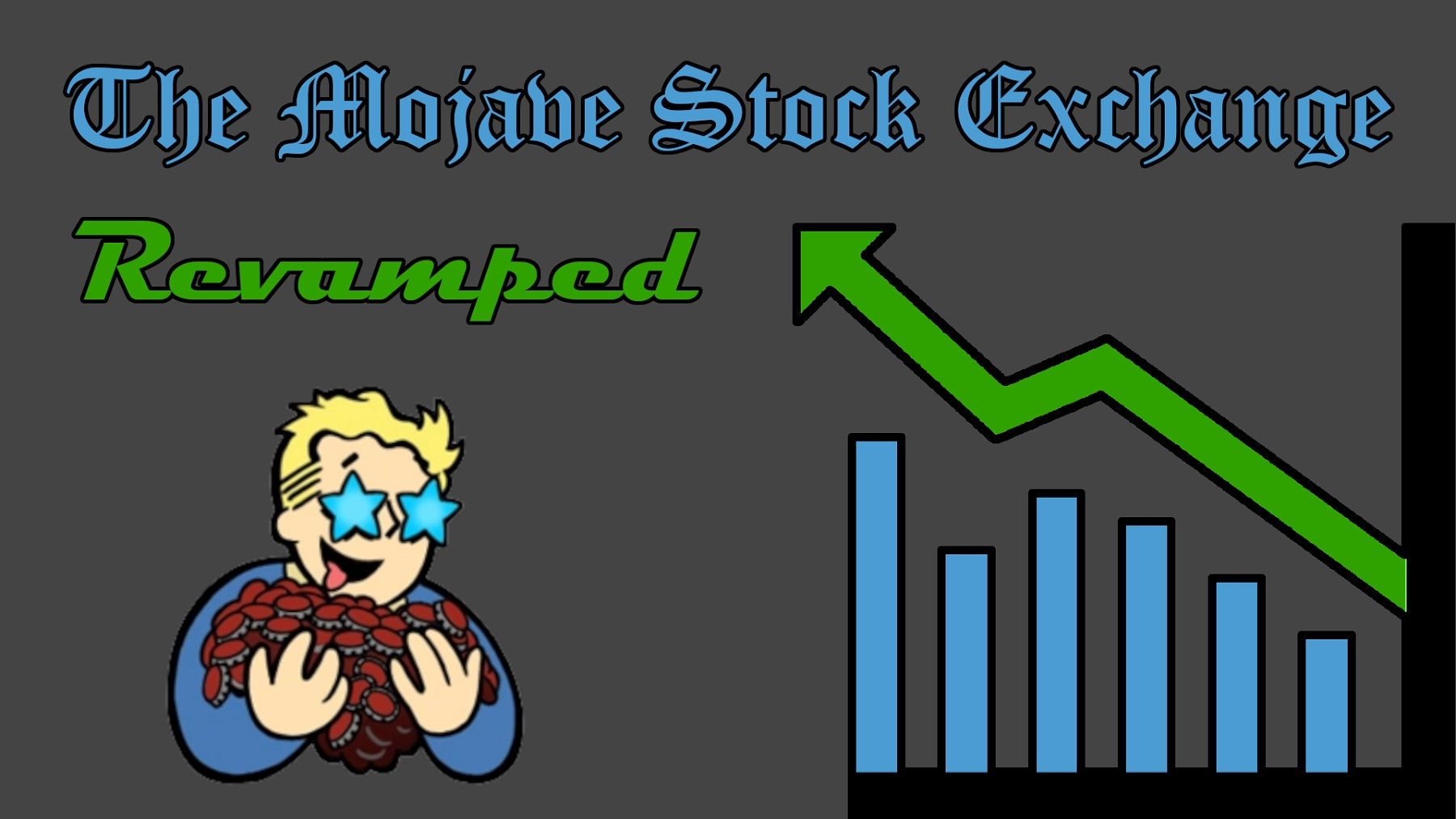 Image from a Fallout: New Vegas mod showing the Fallout Boy holding a load of caps next to a stock market chart.