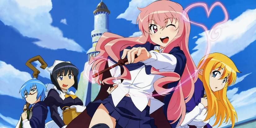 A group of girls from Familiar of Zero in front of a tower