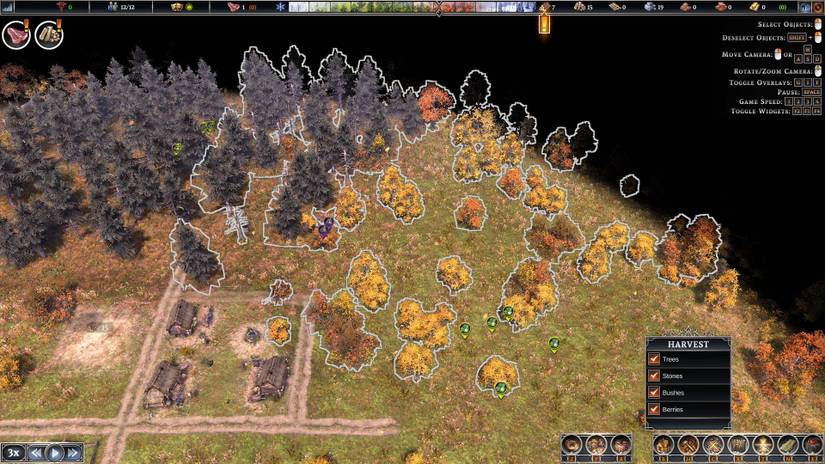 Farthest Frontier harvest resources button and menu