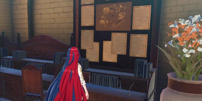 Female Alear looking at a bulletin board in Engage