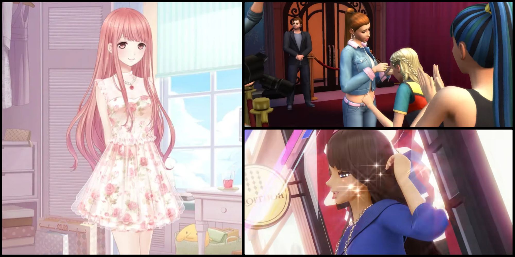 screenshots from The Sims 4, Love Nikki Dress UP Queen and Style Savvy: Styling Star
