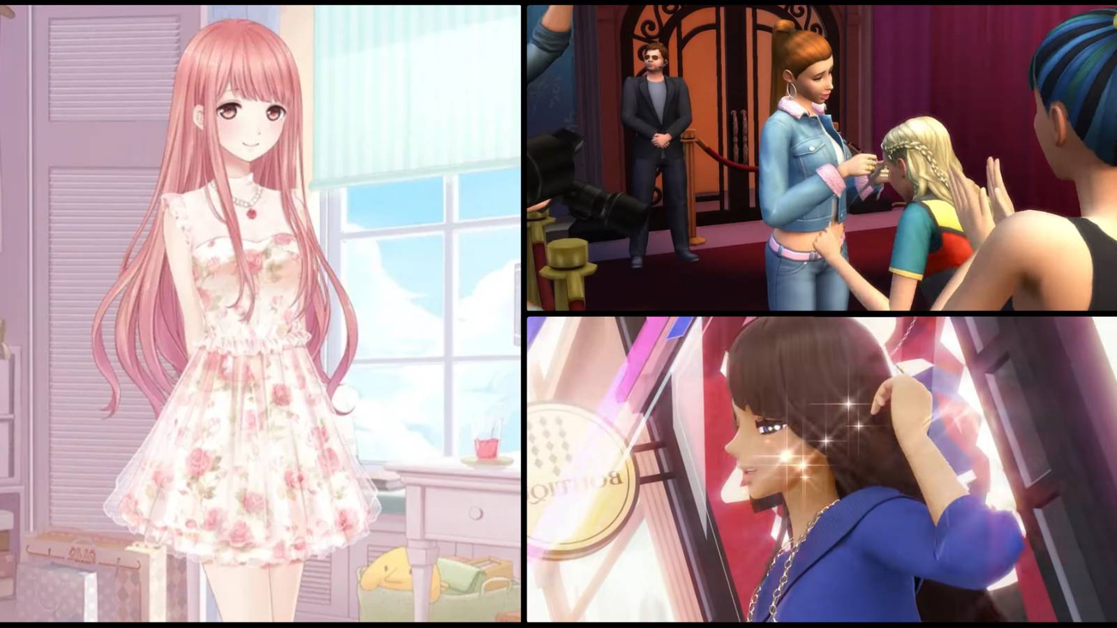 screenshots from The Sims 4, Love Nikki Dress UP Queen and Style Savvy: Styling Star