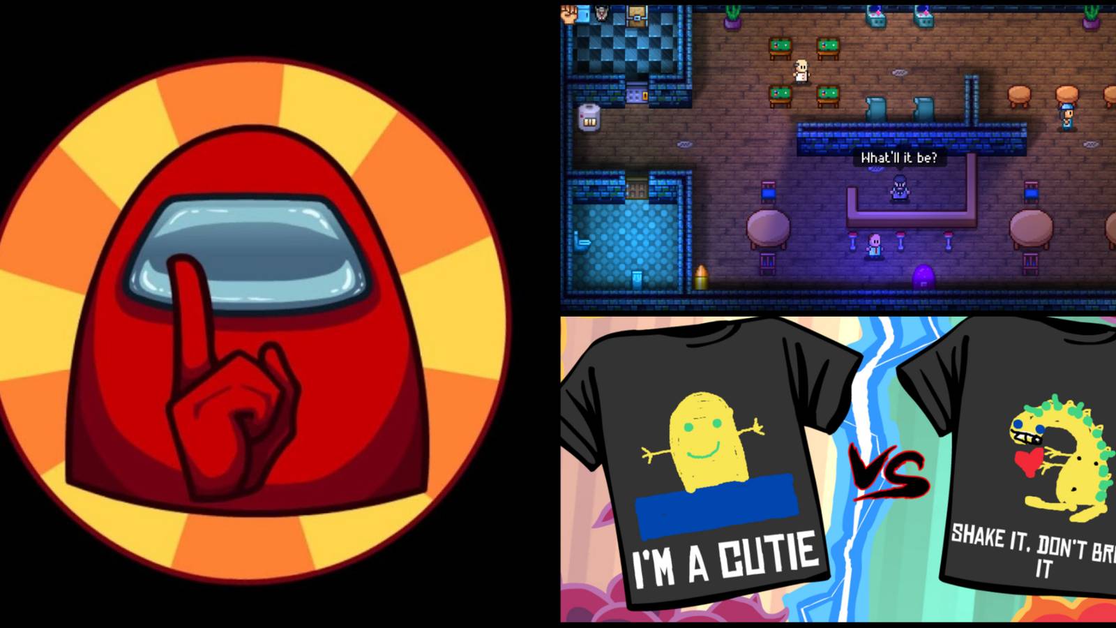 The Among Us logo next to screenshots from Streets of Rogue and Tee K.O.