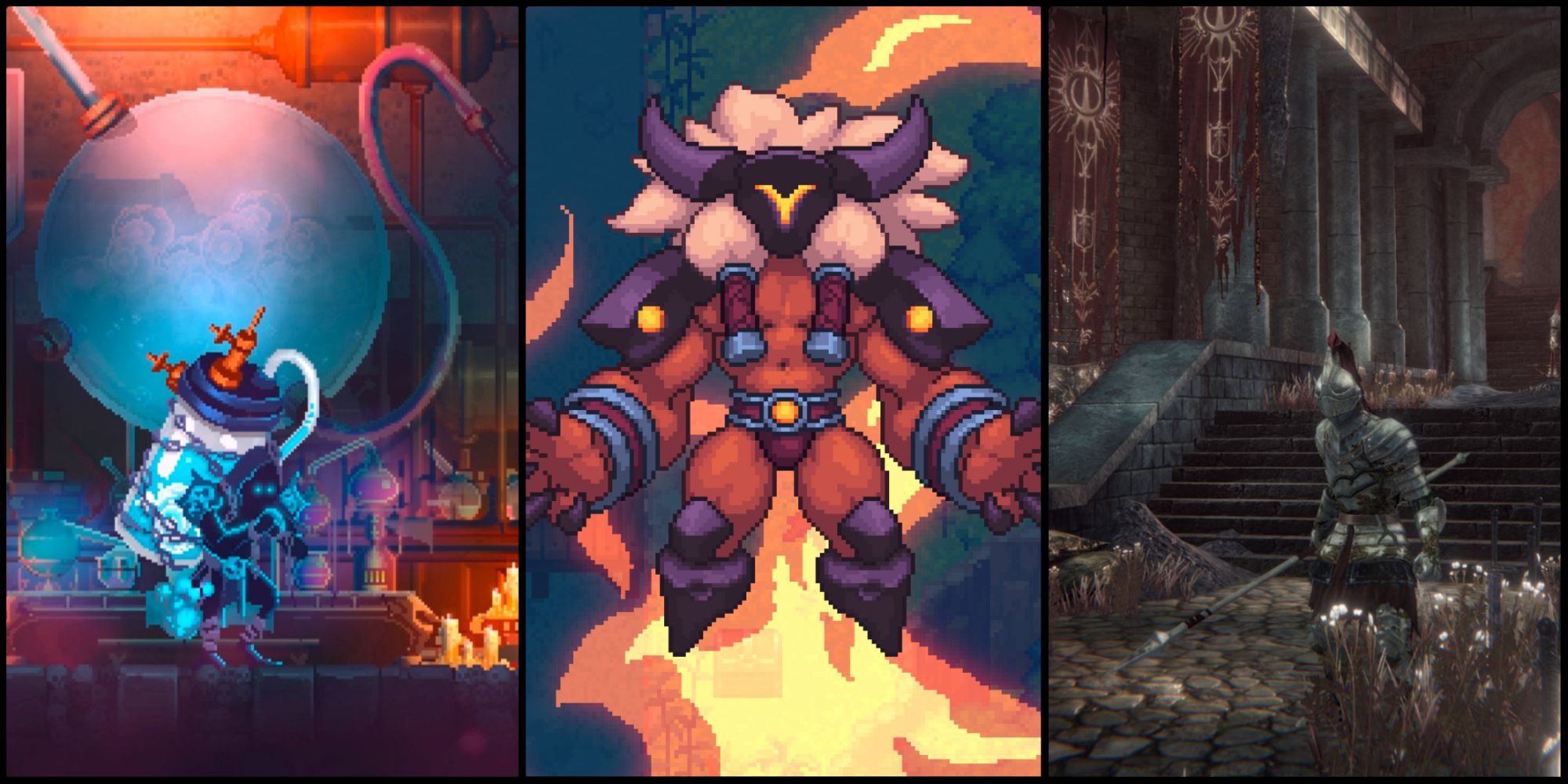 Screenshots from Dead Cells, Pascal's Wager, and Apple Knight