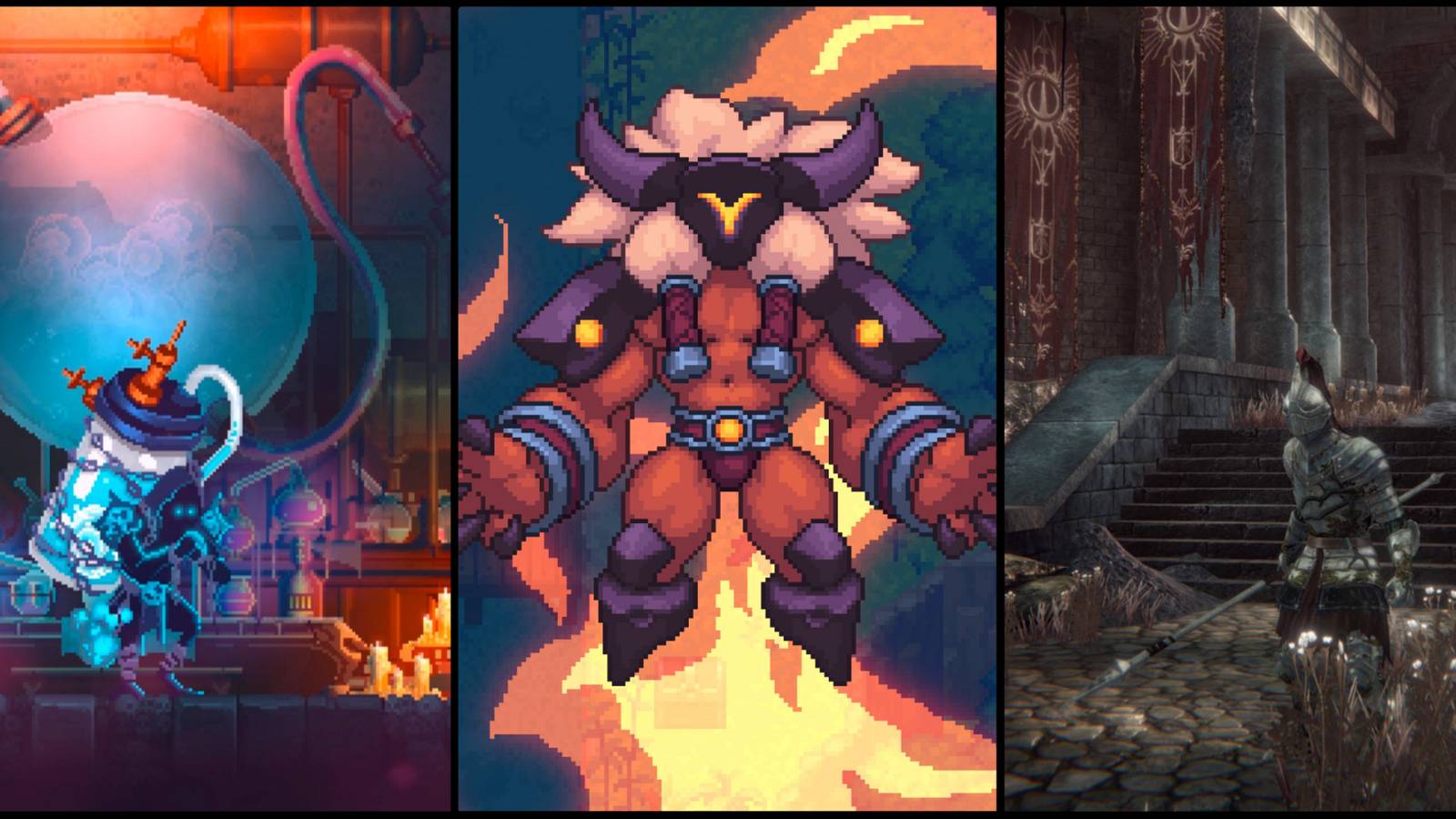 Screenshots from Dead Cells, Pascal's Wager, and Apple Knight