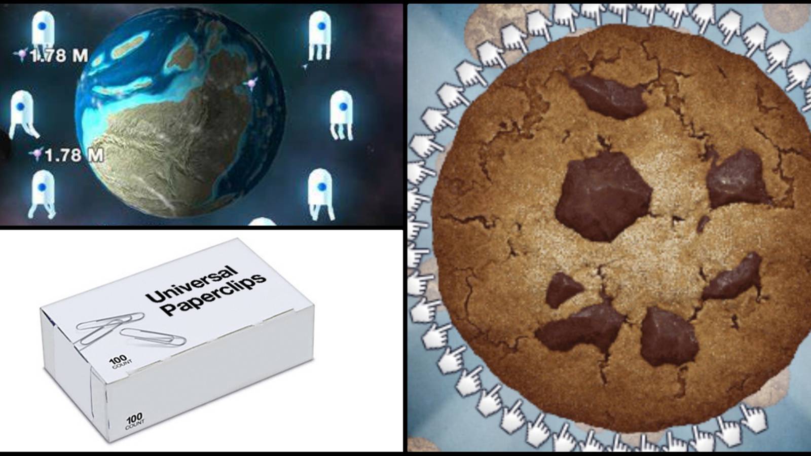screenshots from universal paperclips, cookie clicker, and Cell To Singularity