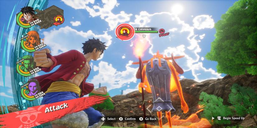 Fighting a boss battle in One Piece Odyssey