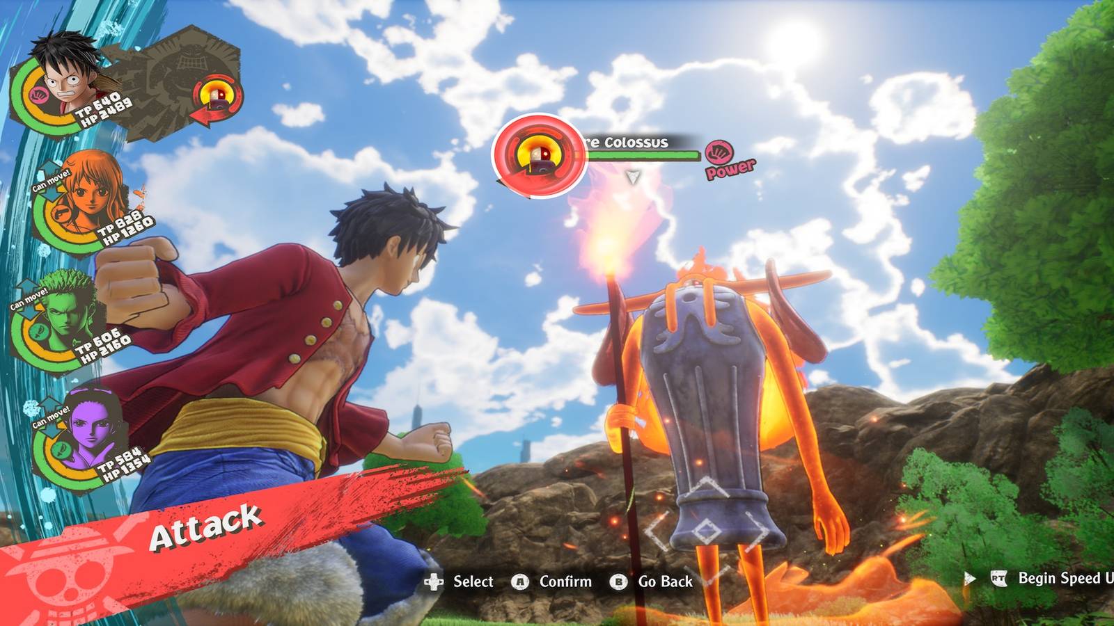 Fighting a boss battle in One Piece Odyssey