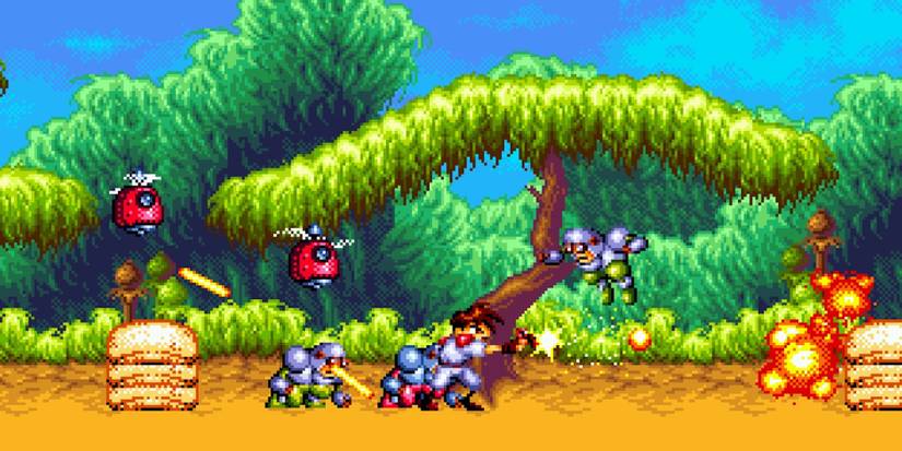 Fighting enemies in Gunstar Heroes