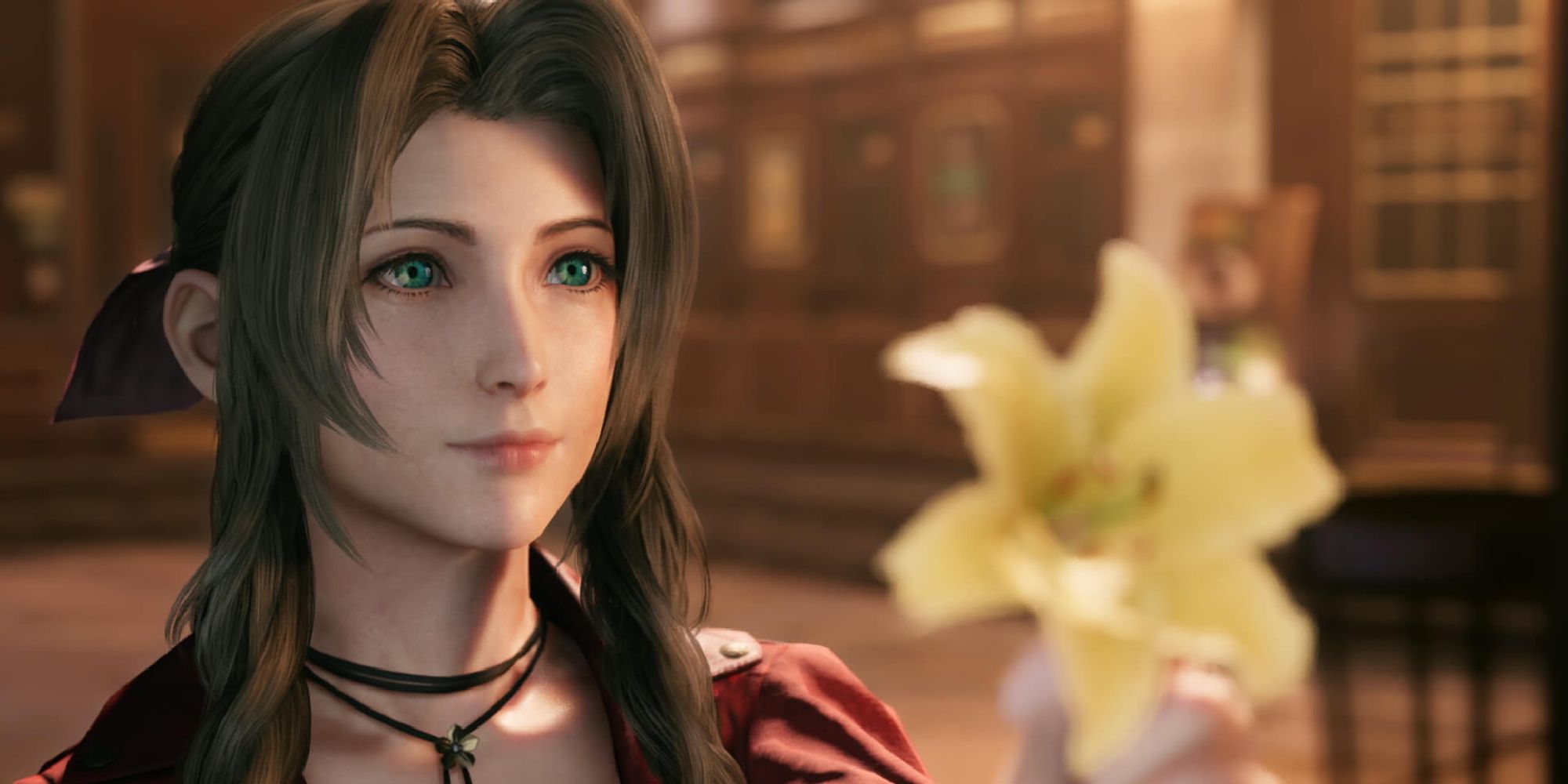 Aerith from Final Fantasy 7, offering a white lily to someone off-screen