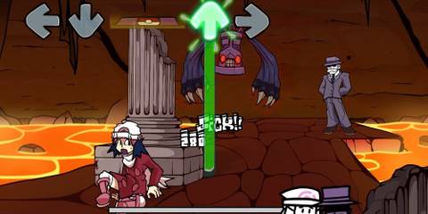 Dawn from Pokemon and Beelze battling in a lava pit in Hell Bell, Hypno's Lullaby mod for Friday Night Funkin'