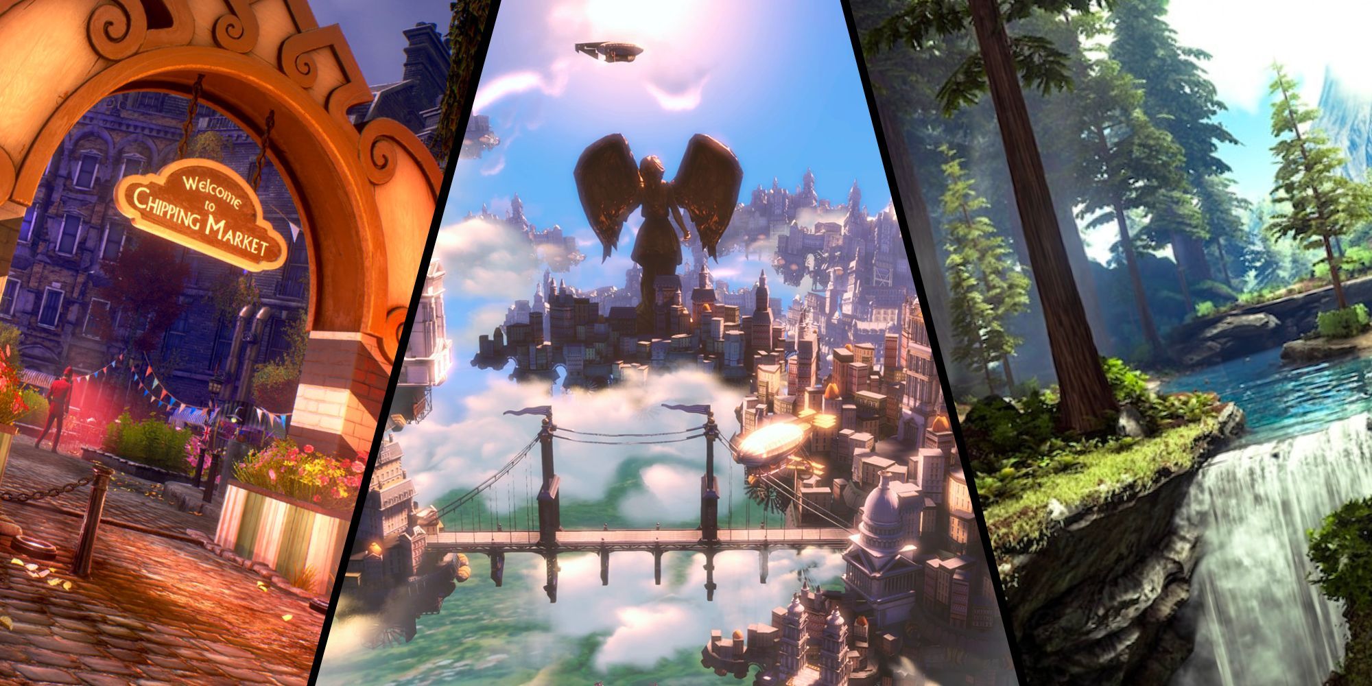 We Happy Few, BioShock Infinite, Ark Survival apresentados como uma colagem de imagens divididas