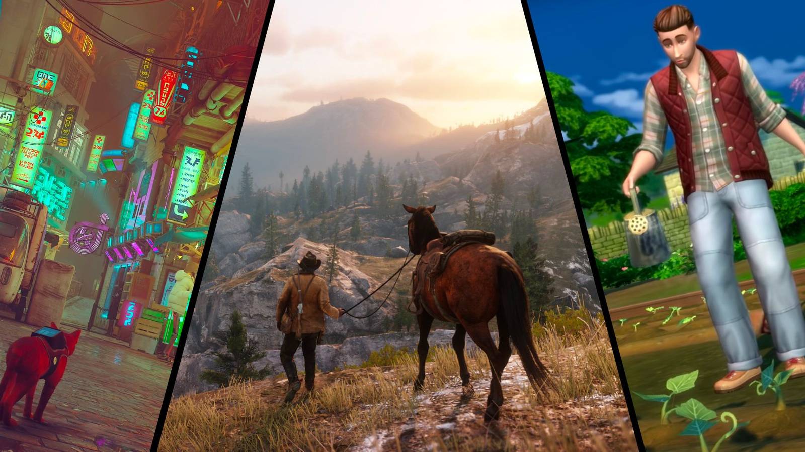 Stray, Red Dead Redemption, The Sims 4 in Split Image Collage