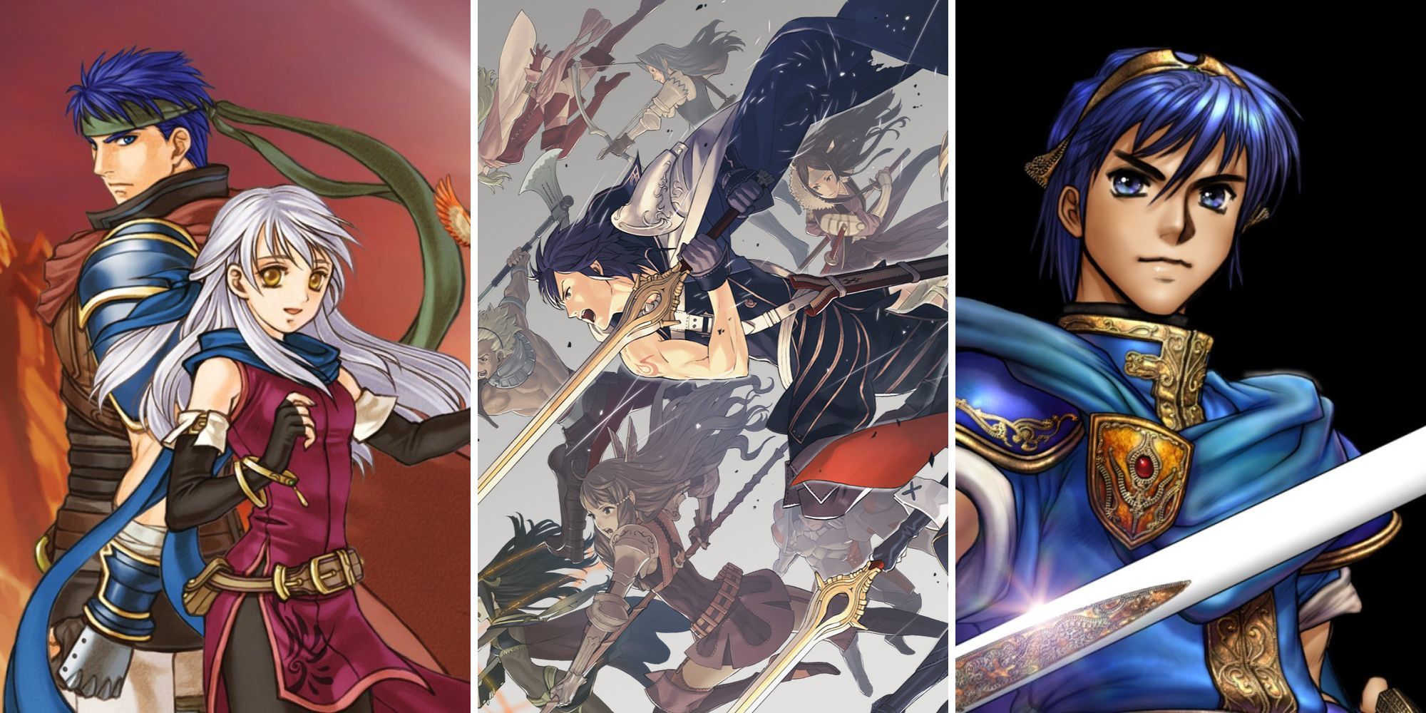 A grid of three images showing the cover art to the games Fire Emblem: Radiant Dawn, Fire Emblem: Awakening. and Fire Emblem: Shadow Dragon