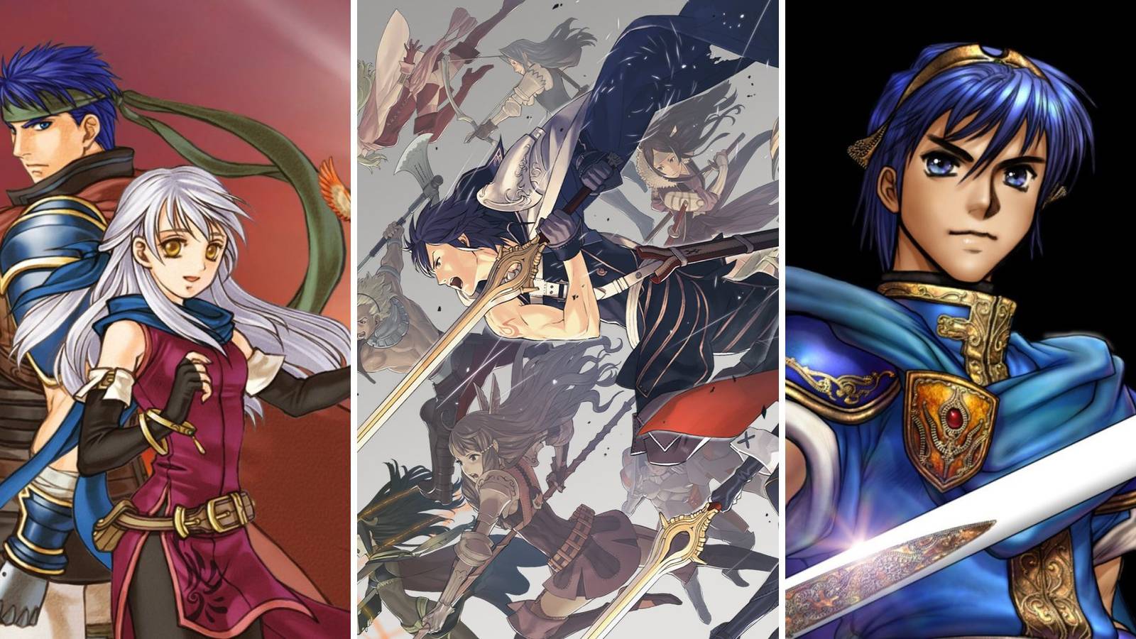 A grid of three images showing the cover art to the games Fire Emblem: Radiant Dawn, Fire Emblem: Awakening. and Fire Emblem: Shadow Dragon