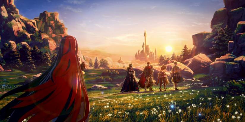 Fire Emblem Engage protagonist an the party with Somniel in the background