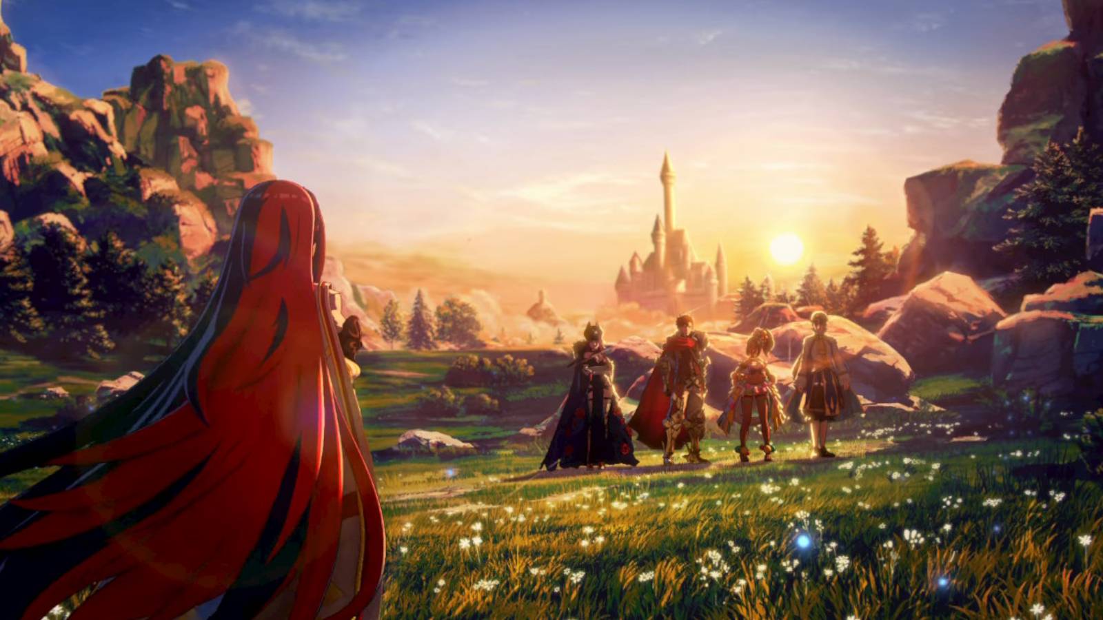 Fire Emblem Engage protagonist an the party with Somniel in the background