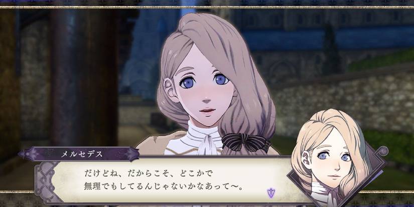 Mercedes from Fire Emblem, facing the player as she addresses them.