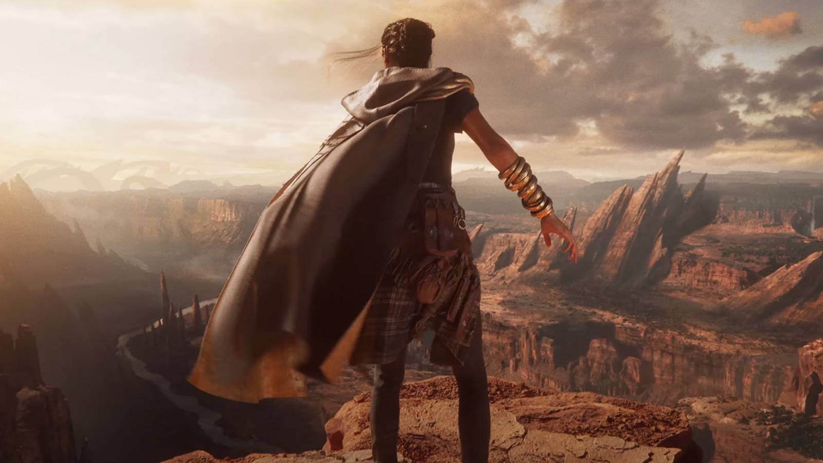 Forspoken's protagonist on a cliff edge with her cloak blowing in the wind