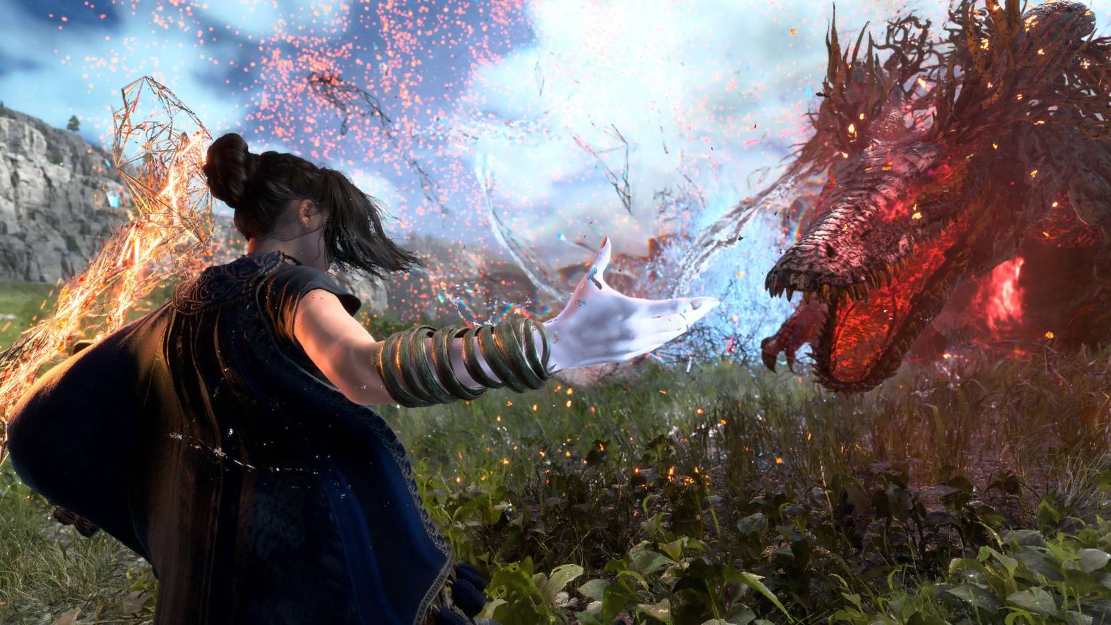 Frey uses magic against a dragon in Forspoken