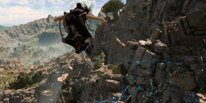 Image of Frey jumping from a cliff in Forspoken with her cloak flowing in the wind